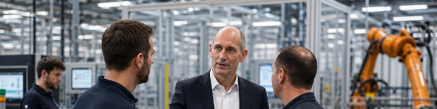 Claus Bischoff im Werk, im Gespräch mit Mitarbeitenden